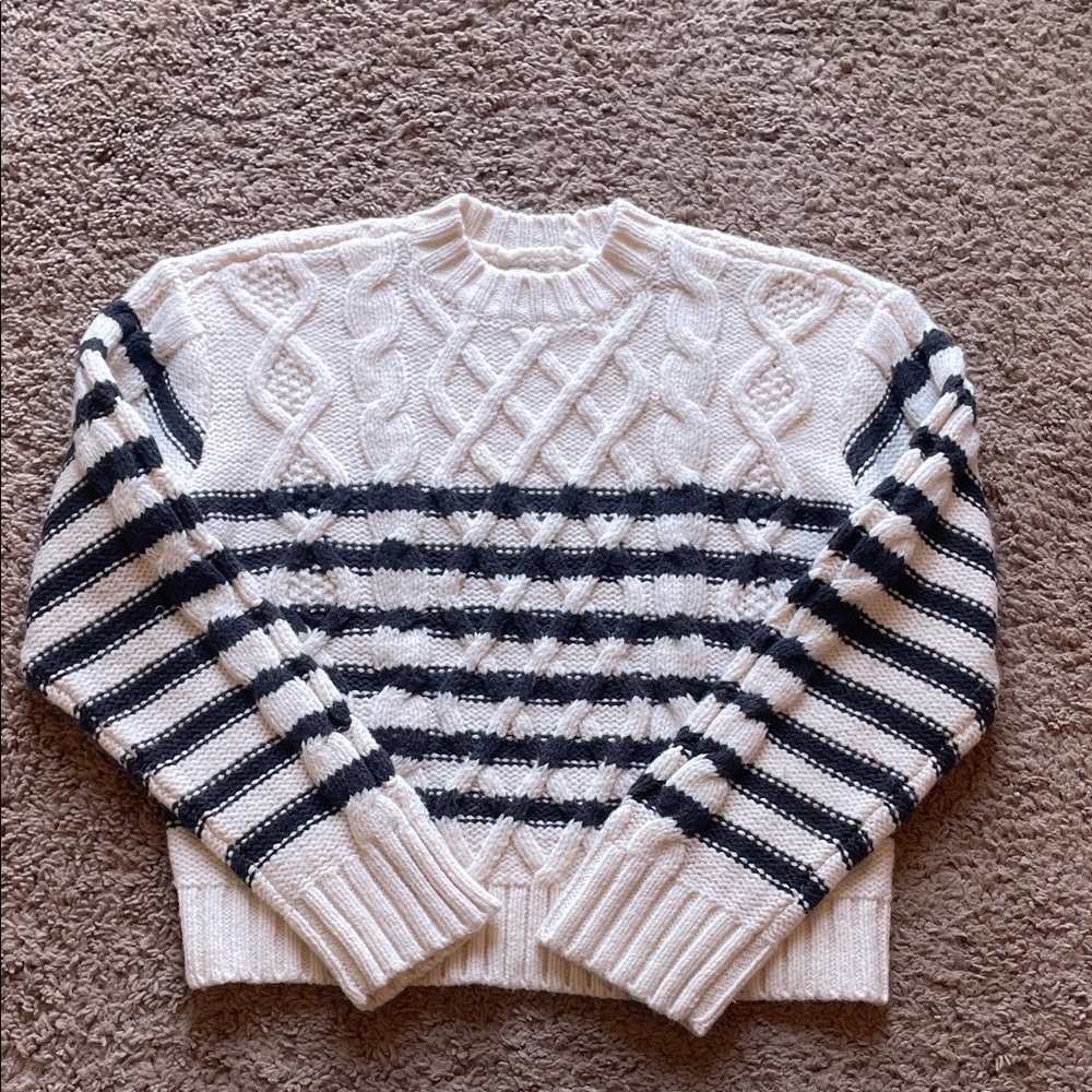 Striped Cable-Knit Crewneck Sweater in Cream and Grey